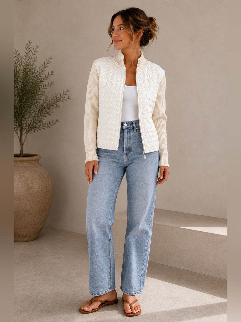 For Cynthia Cream Quilted & Rib-Knit Sleeve Puffer Jacket